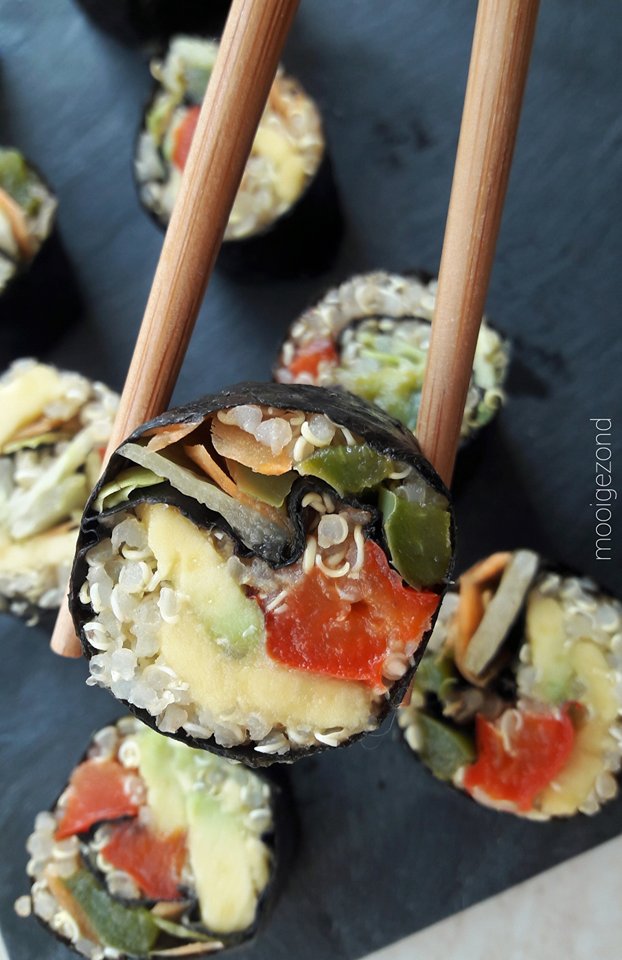 vegan sushi, groente, quinoa, paprika' sushi